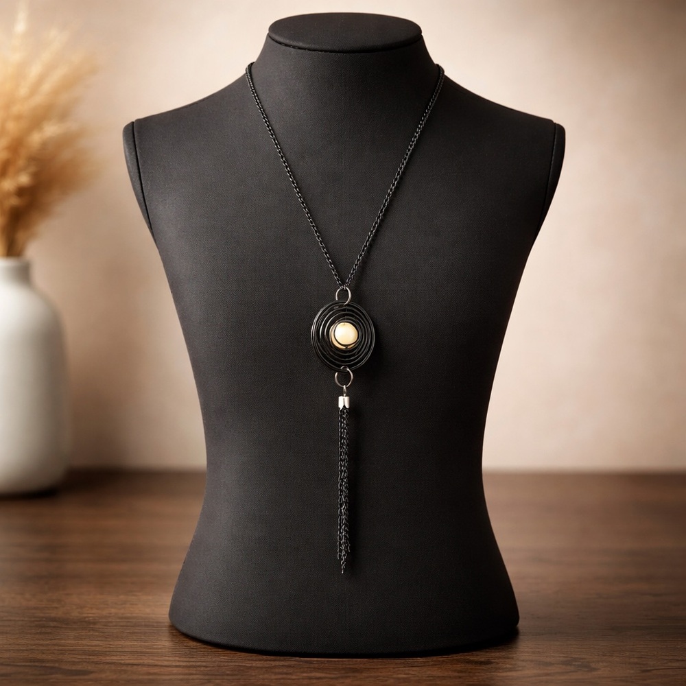 *NEW* Faux Pearl Caged In Black Swirl Pendant Long Body Necklace